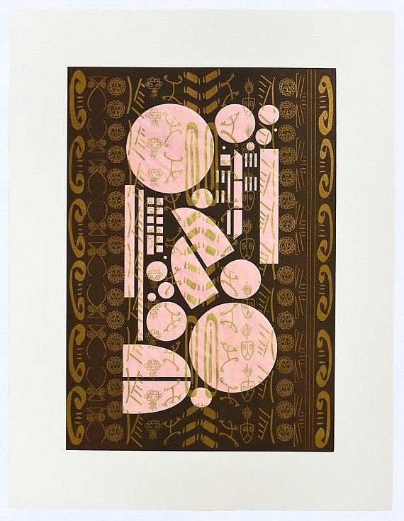 Glendalys Medina
BrownPinkTaínoBlackGold, 2018
photolithograph printed in gold ink on pink Yatsuo paper, flocked with gold pigment. Overprinted with brown relief., 26 x 20 in.