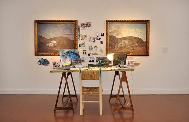 Verónica Gómez
Entre el anochecer y la mananita: hipotesis del paisaje perdido (Between Nightfall and Daybreak: Lost Landscape Hypothesis), 2010
installation (drawings, paintings, furniture, diary, painting items, pictures and two paintings belonging to Fernando Fader), 118 x 98 x 98 in.