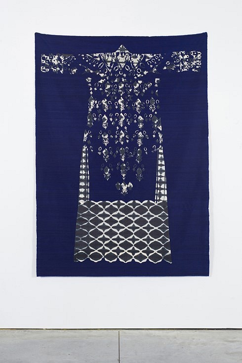 Alyssa Pheobus Mumtaz
Traveler (Departure), 2014
Indigo dyed handmade paper collage mounted on dupioni silk, 72 x 50 in.