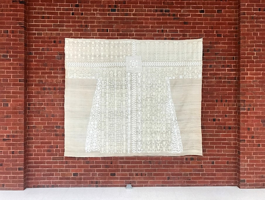 Alyssa Pheobus Mumtaz
Traveler’s Robe (Garden of Fidelity), 2015-16
Gampi and Kozo papers mounted on handwoven tussar silk, 98 x 84 in.