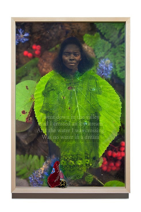 Daesha Devón Harris
I went down in the valley And I crossed an icy stream
And the water I was crossing Was no water in a dream
Just Beyond the River: A FolkTale, 2017
chromira print and quilt square in hardwood box with etched glass, 31 x 21 in.
