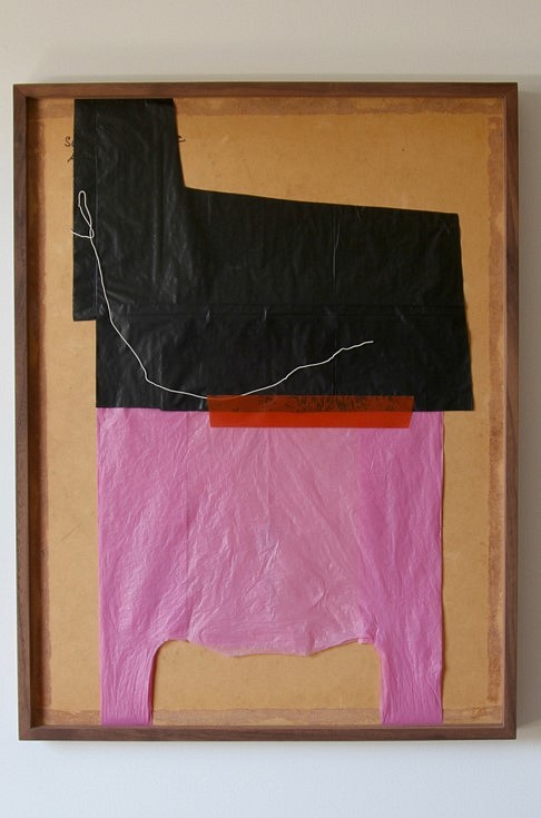 Maggie Madden
lean-to, 2020
pink plastic bag, black refuse sack, orange tape, white telephone wire, found board, non-reflective glass, wooden frame, 54 x 40 cm