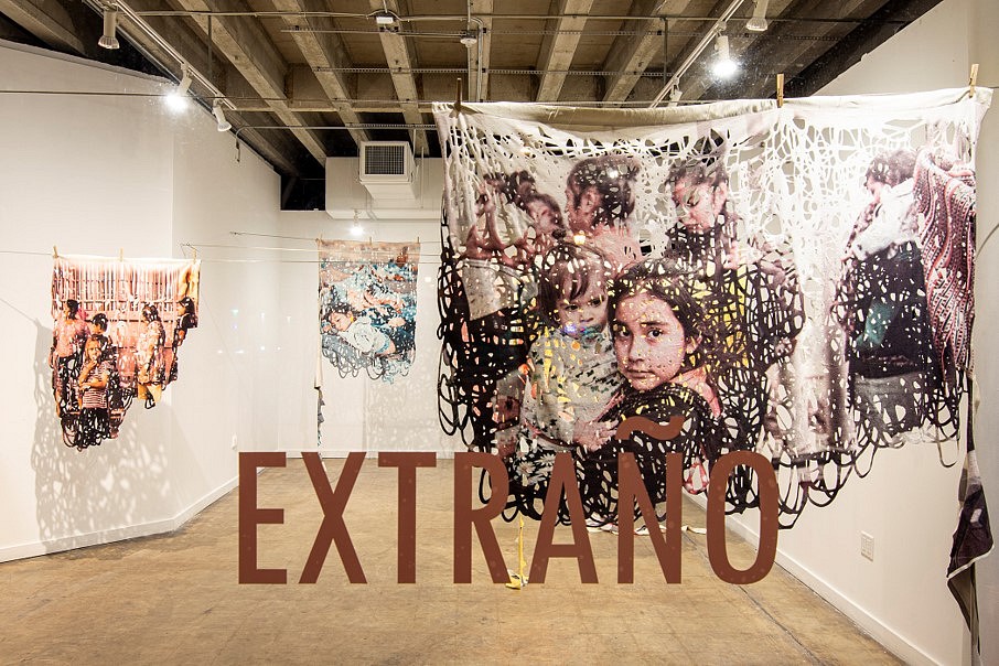 Donna Ruff
Installation shot of Extraño exhibition, foreground: Tijuana Babies, 2019
dye sublimation print on laser cut blanket, 46 x 62 in.