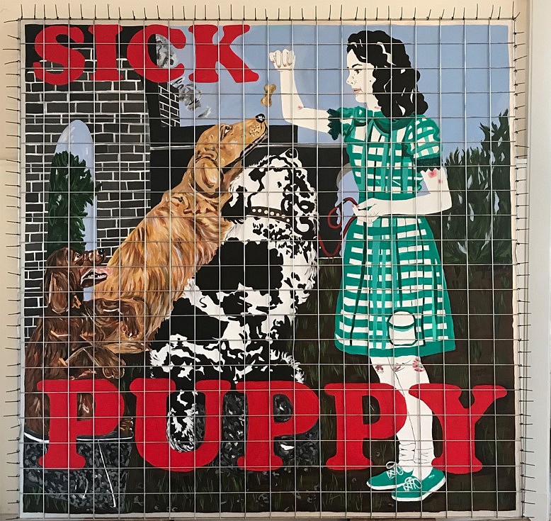 Kathe Burkhart
Sick Puppy: From the Liz Taylor Series (Candid shot), 2019
acrylic and temporary tatoos on linen, metal fence, cable ties, 200 x 200 cm