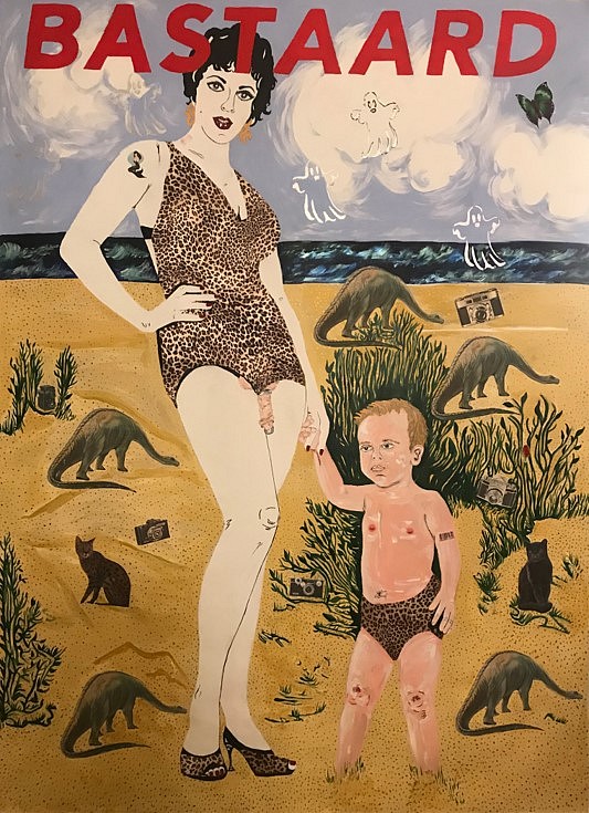Kathe Burkhart
Bastaard: From the Liz Taylor Series (Publicity still), 2020
acrylic, temporary tatoos, and decorative paper on linen, 393 x 210 cm
