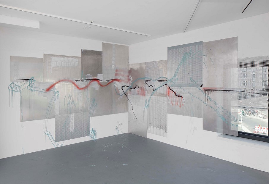 Shila Khatami
Wall Work, 2019
metal protection lacquer, Speedflow ink, spray paint on aluminum and galvanized steel, 110.2 x 267.7 inches inches