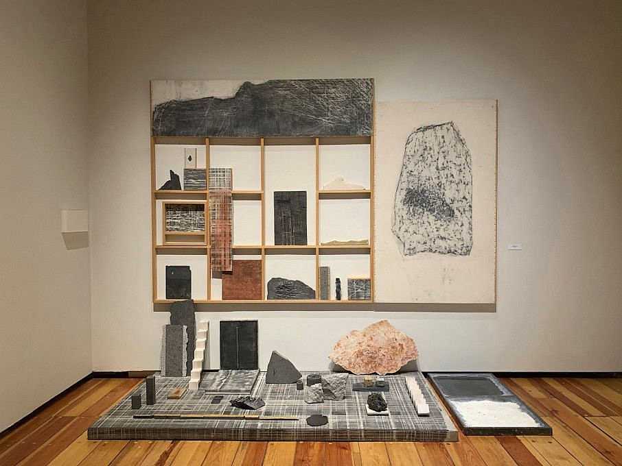 Perla Krauze
Construction no. 18, 2019
graphite imprints on canvas, salt on laminated lead container, various types of rock,  oil on canvas, water on lead container, 98 x 177 x 78 in.
