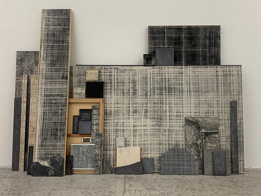 Perla Krauze
Construction no. 4, 2018
graphite on fabric, water, laminated lead sheet, cement, wood, gold leaf, and oil, 98 x 236 x 20 inches  (variable dimensions depending on the space)