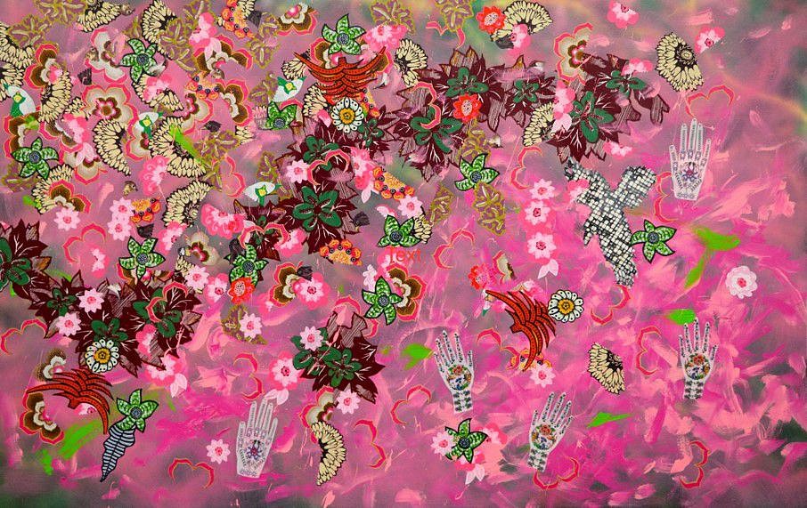 Merion Estes
Pink Power, 2017
fabric collage, acrylic on canvas, 48 x 75 in.