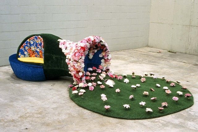 Roberley Bell
Dressing (shown at Black and White Gallery, Brooklyn, NY) (detail), 2004
Astro turf on steel frames with oilcloth cushions, mirrors, concrete, artificial flowers and sod