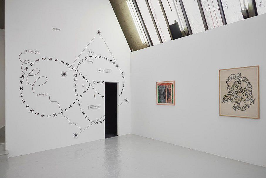 Sofía Clausse
Installation view of solo exhibition at Royal Academy of Arts
Wall painting: ""Forms of process of thought lines"", 2022
acrylic on wall with paper and ceramic objects, Variable dimensions