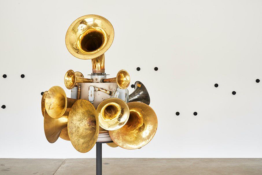 Steve Parker
War Tuba Recital, 2018
Salvaged brass, steel, tactical maps, scores on paper, wires, map pins, electronics, audio