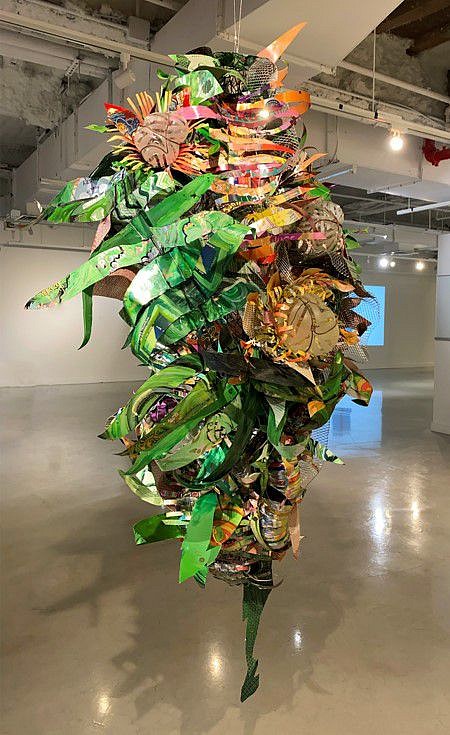 Christina Massey
Shades of Growth 3, 2022
blown sandblasted glass, repurposed aluminum from craft beer cans, plastics, fabrics, wire and acrylic paint, 53 x 31 x 24 in.