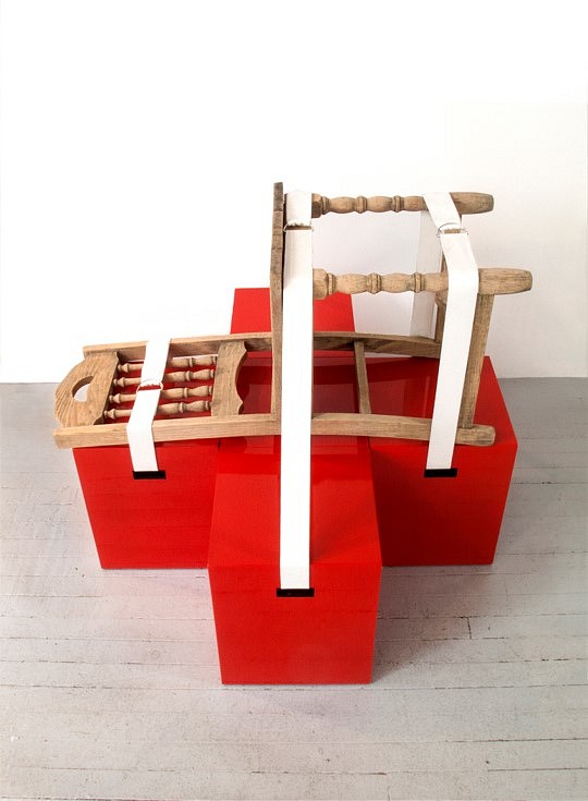 Betty Beaumont
Red Cross, 2017
oak chair, lacquer cubes, cotton and metal straps, 33 x 39 1/2 x 36 in.