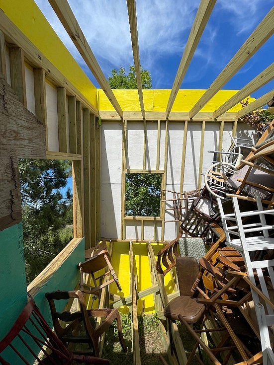 Kim Zumpfe
framing of a space that waits (detail), 2022
construction materials, re-used construction materials, cast-off chairs, paint, Interior is 12 x 12 x 16 feet