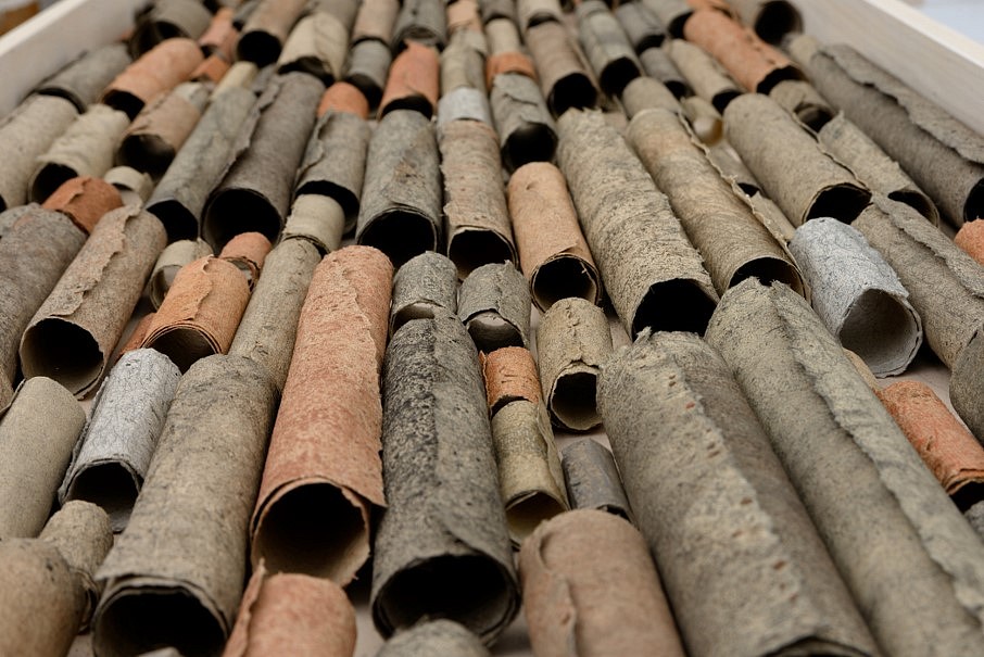 Raquel Rabinovich
River Library Scrolls (detail), 2014
mud from rivers around the world and glue on paper, dimensions variable; each scroll is an actual drawing rolled up and sealed