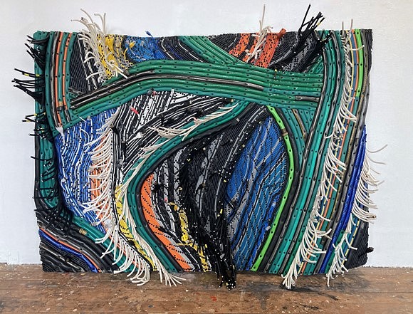 Michelle Stitzlein
Headlands Heddle (Fibre Series), 2022
repurposed materials: old garden hoses, electrical wires, computer cables, coaxial wires, air hoses, miscellaneous plastic, etc., 44 inches high x 60 inches width x 8 inches deep